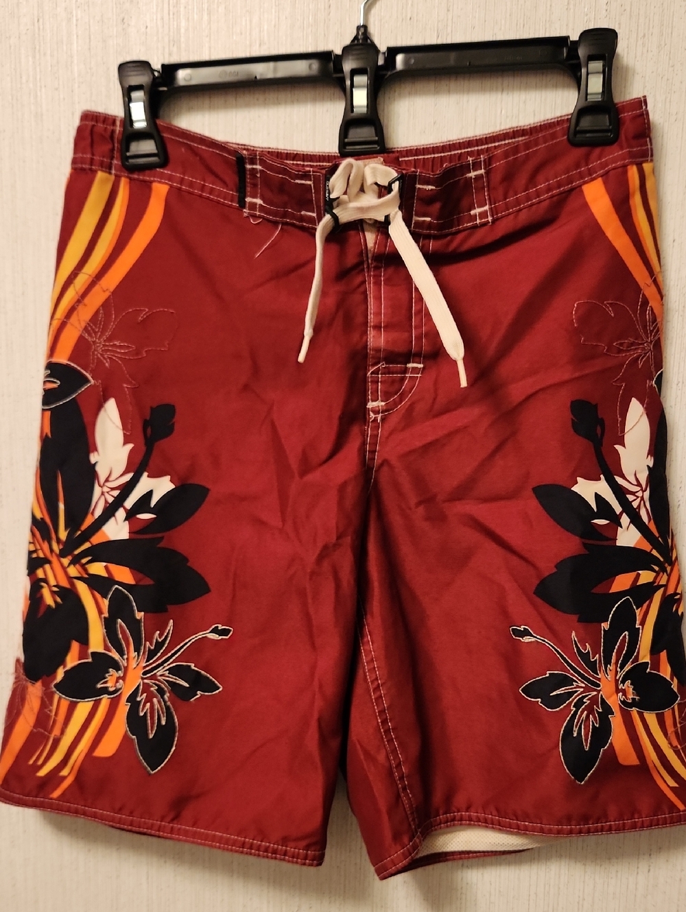 Red Tropical Board Swim Beach Colorful Shorts w/Black & Orange Stitching Accents